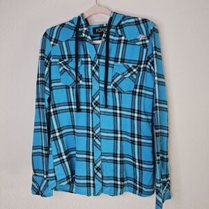 Fox Flannel Shirt Womens Large Blue Plaid‎ Hooded Long Sleeve Western Casual